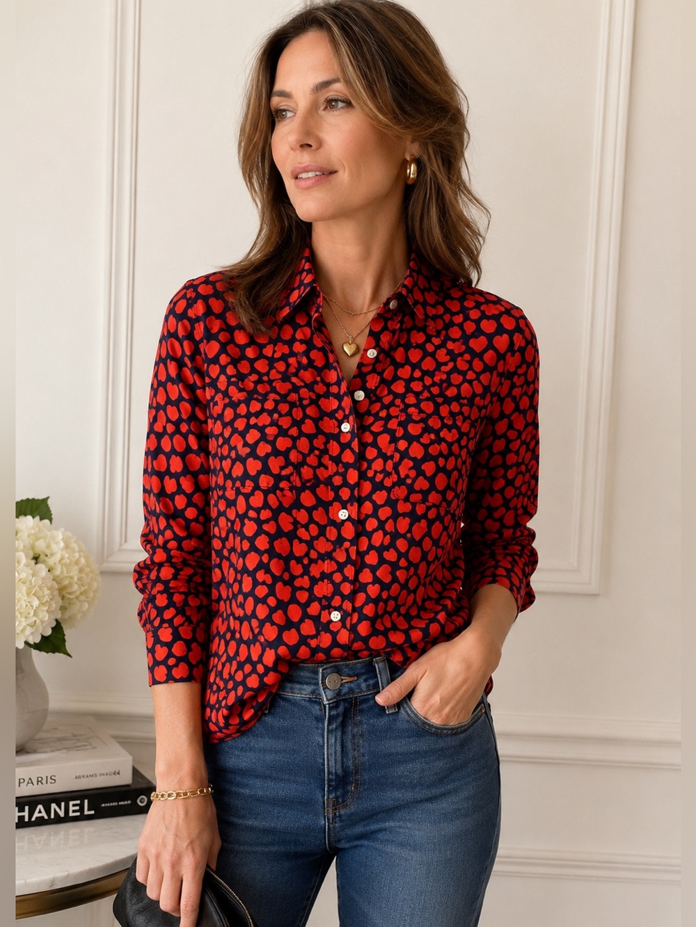 J.Crew 100% Silk Heart Print Button Front Blouse Red Navy Long Sleeve Size M